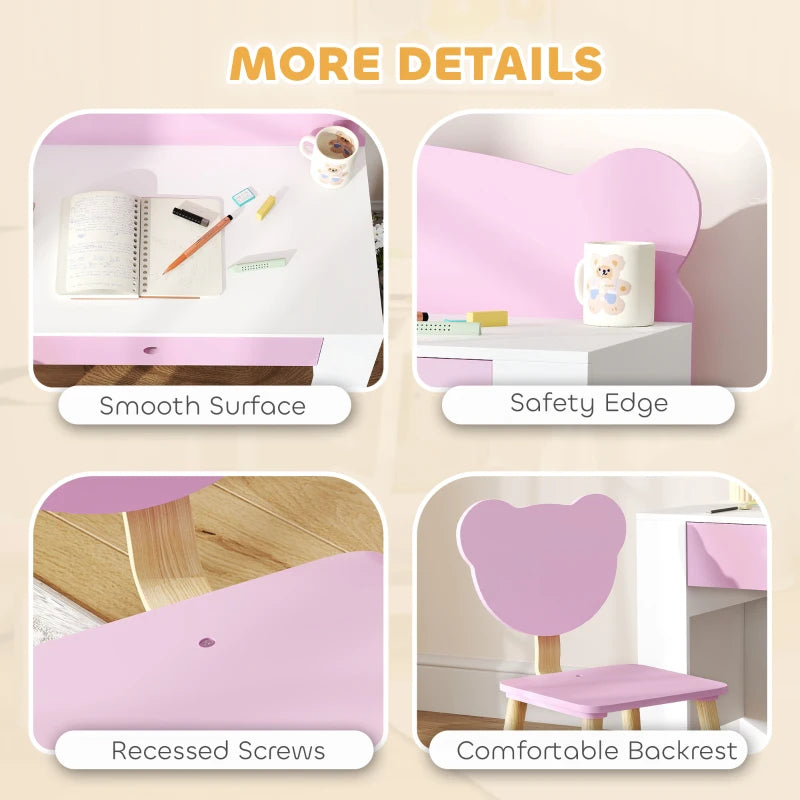 Kids desk and chair set with pink bear back, rounded edges, and recessed screws