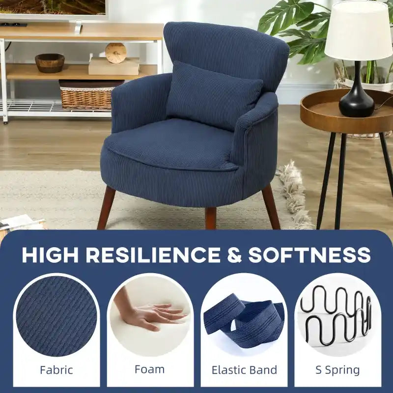Blue corduroy accent armchair with high backrest and thick cushioned arms