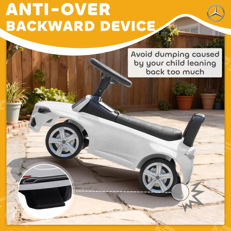 White ride-on car walker with anti-over backward bar and black footrest