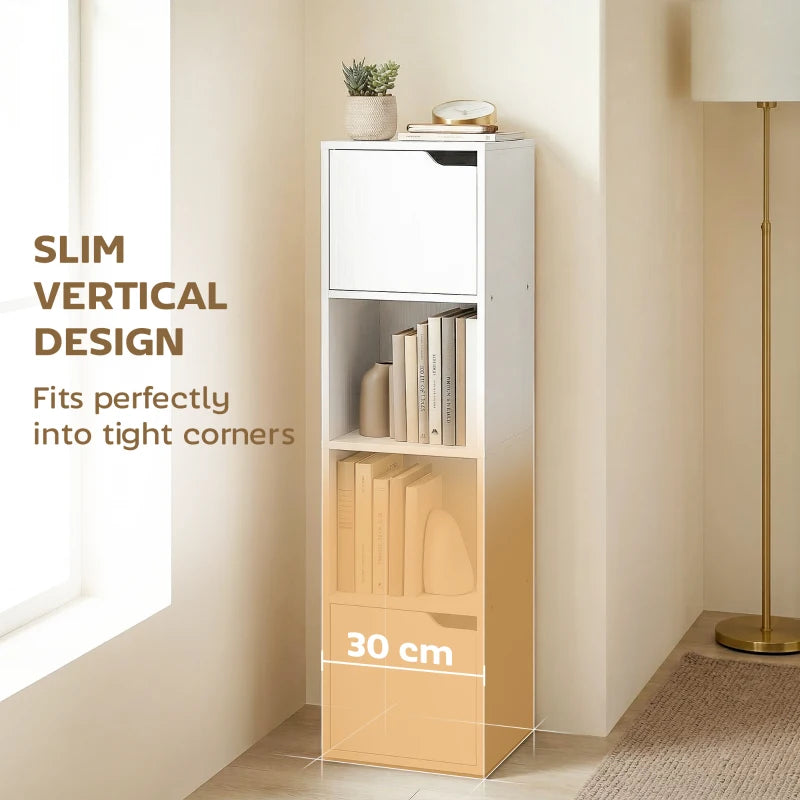 White slim vertical bookshelf cabinet with top and bottom doors and open center shelves