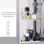 Mirror storage cabinet with two-tier interior shelves holding toiletries and skincare