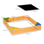 Kids wooden sand pit with open frame, four colored corner seats, and pink cover