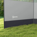 Grey windbreak screen corner with logo and dark lower stripe on outdoor grass