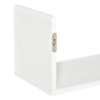 White U-shaped floating shelf end panel with metal mounting plate detail