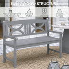 Grey wooden bench with solid wood frame, slatted seat, and patterned backrest