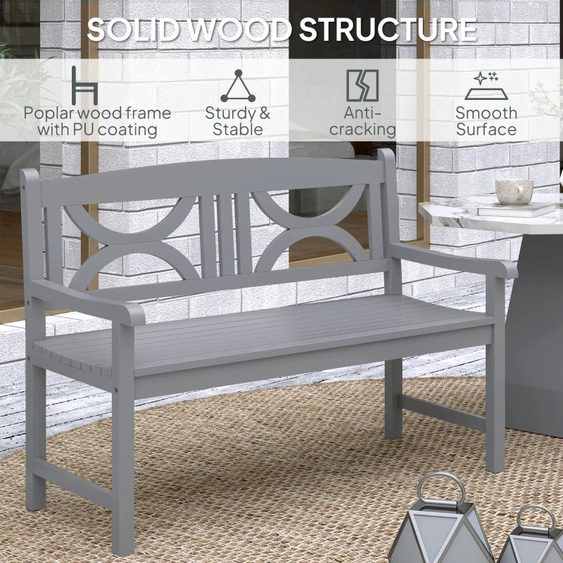 Grey wooden bench with solid wood frame, slatted seat, and patterned backrest
