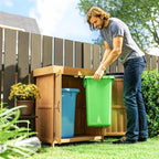 Wooden garden tool storage shed with double doors and open lower shelf, natural finish