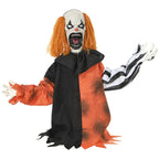 Halloween animatronic clown with orange hair, black-and-orange costume, glowing eyes, grinning mouth