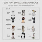 Small and medium dog size guide illustration with example dog silhouettes