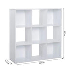 White 9-cube storage unit with open shelves and three rows of cubby compartments