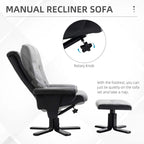 Grey fabric recliner chair with footstool extended, reclined back, black swivel base.
