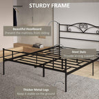 Black metal bed frame with headboard, steel slats and thick legs for support