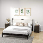 Dark bedside cabinet set with three drawers each and curved metal bar handles, flat top.