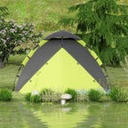 Two-person camping tent with arched roof, green and gray panels and stakes