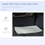 Inside view of grey pet carrier with faux lamb fleece mat for warmth