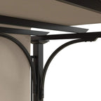 Black corner post and arched support under beige canopy