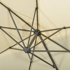 Cream parasol underside showing metal rib hub and crossed brace frame