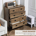Brown four-drawer dresser with black handles and metal legs; drawers partly open