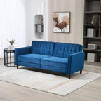 Blue velvet-feel three-seater sofa bed with tufted back, open split seat, wooden legs