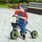 Kids black tricycle with adjustable seat, front bar grips, and lime-accent wheels