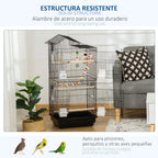 Durable bird cage with black wire bars, front access tray, and cups