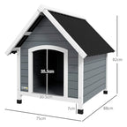 Grey wooden dog kennel with black roof, arched opening; size shown 82x75x88cm