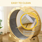 Natural wood cat running wheel with removable washable pad inside dark cushioned track
