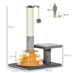 Grey cat tree activity tower with sisal post, cushioned perch platforms, and hanging ball