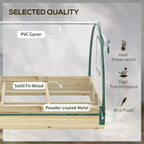 Raised garden bed greenhouse showing PVC cover, wooden frame, and metal hardware details