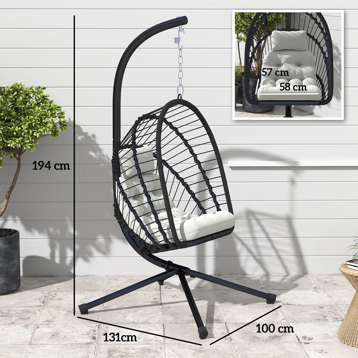 Outsunny Outdoor PE Rattan Swing Chair with Foldable Basket and Cushion, Garden Patio Hanging Egg Chair with Metal Stand