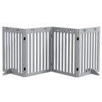 Grey foldable wooden pet gate, freestanding corner with paw cutouts and vertical slats