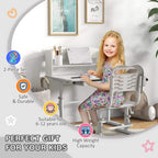 Grey kids study table with drawer shelf and matching height-adjustable chair