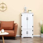 White storage cabinet with double doors and black handles, freestanding for kitchen storage