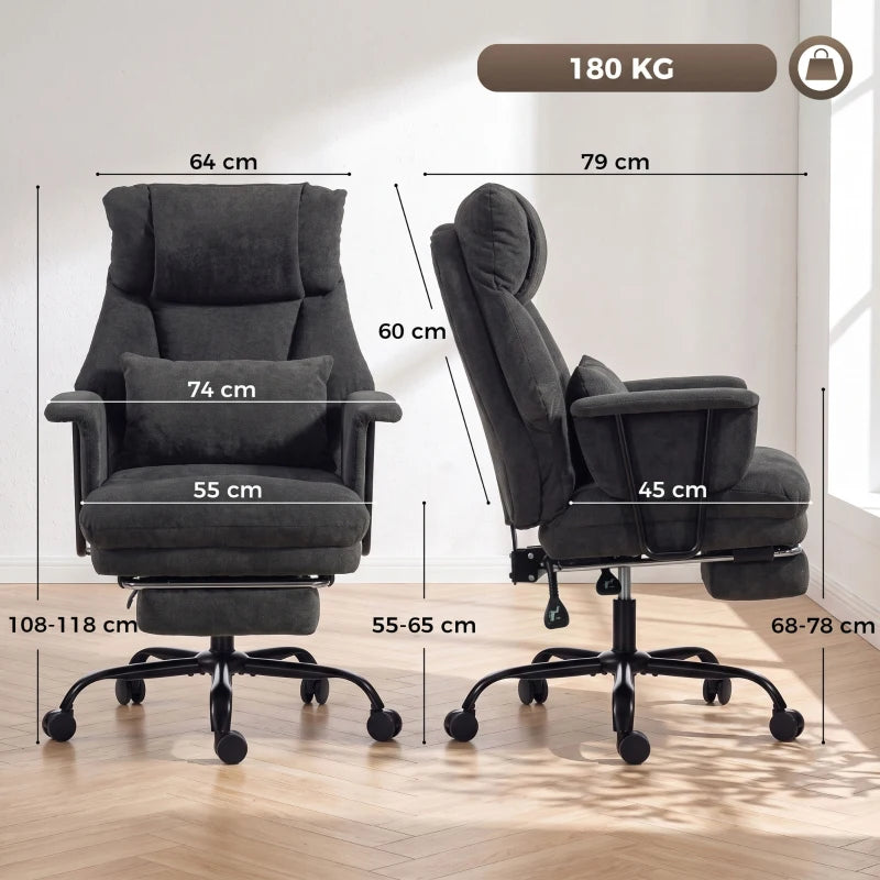 Black office chair with high back, wide seat, padded armrests, and five-wheel base