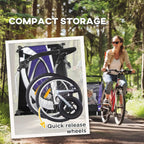 Purple bike trailer rear wheel with quick-release and safety flag