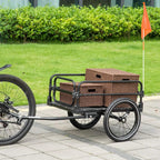 Black 2-wheel bicycle wagon trailer with guard rails and wicker cargo baskets