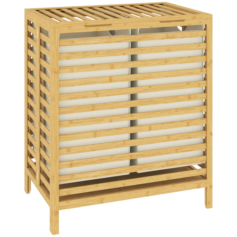 Bamboo laundry basket with hinged lid, slatted sides and sturdy wooden frame