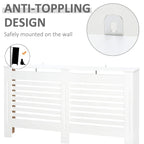 White radiator cover with wall-mount bracket and horizontal slat ventilation panels.