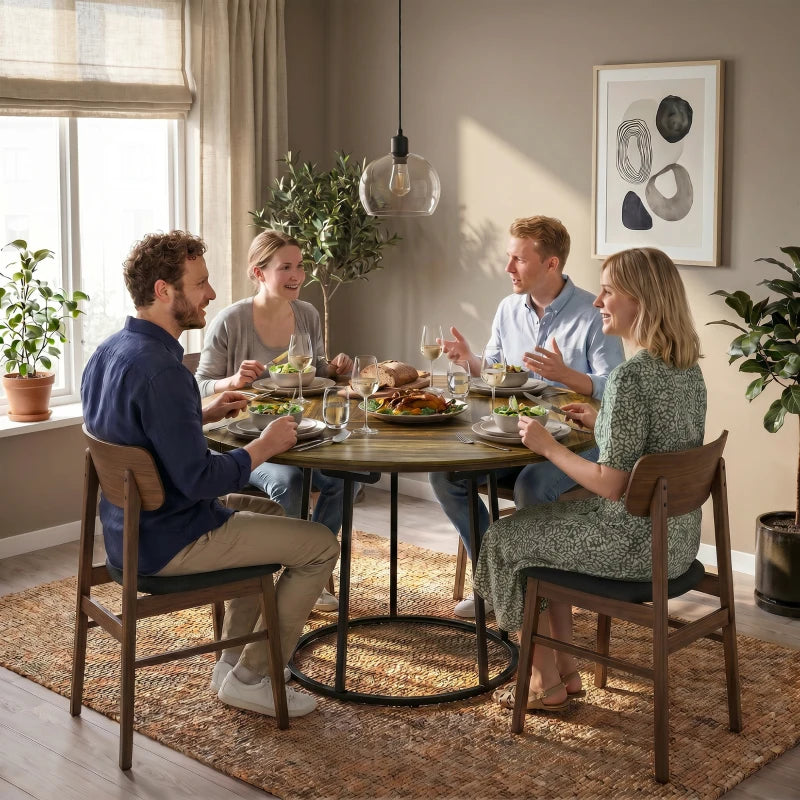Family dining round table with rustic brown woodgrain top and black conical metal base