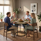 Family dining round table with rustic brown woodgrain top and black conical metal base