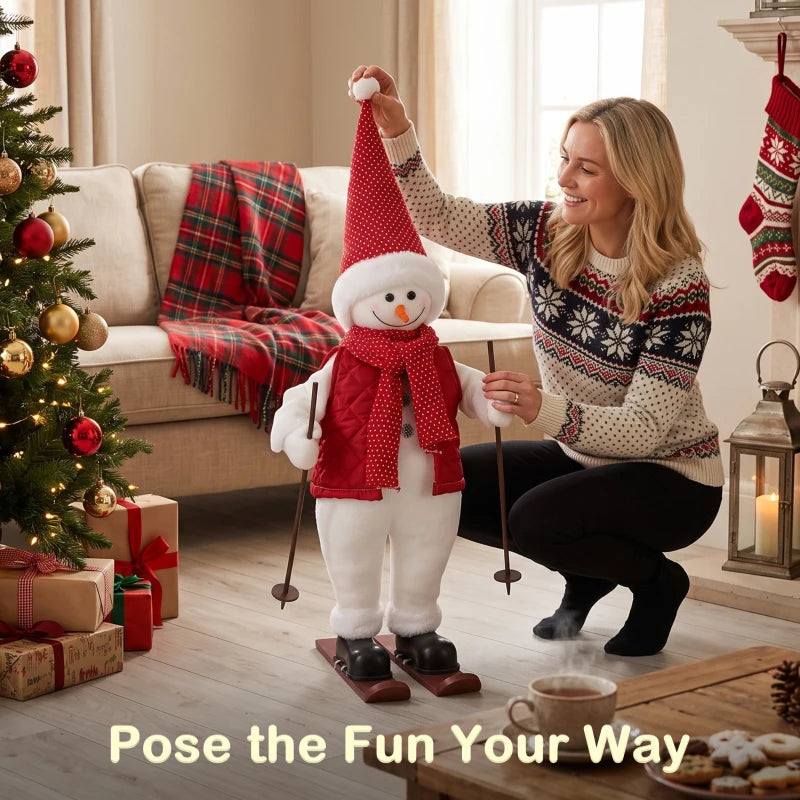 Ski Santa figure with red scarf and hat, standing beside smiling person, holding poles