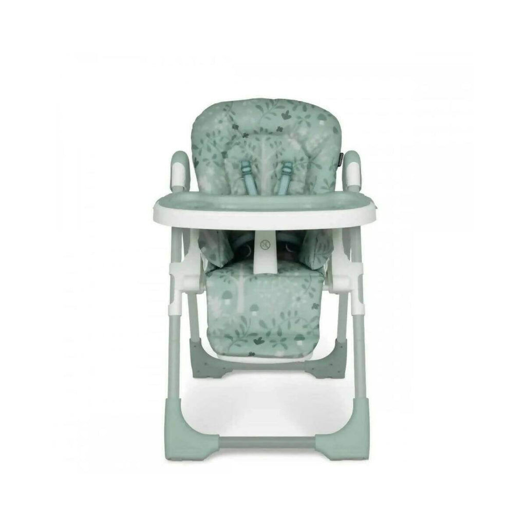 Mint and white high chair with patterned backrest and seat, harness, and tray