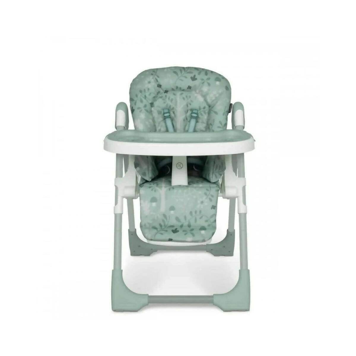 Mint and white high chair with patterned backrest and seat, harness, and tray