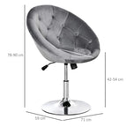 Grey velvet-look swivel dressing stool with button tufted back and chrome round base