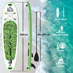 Green-and-white inflatable paddle board with fins and leash D-ring on top