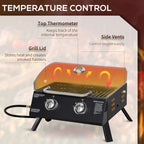 Black gas grill with lid thermometer and side vents; visible front control knobs