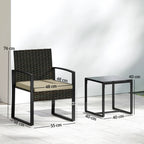 Outdoor rattan bistro set with two dark wicker armchairs and a glass-top side table