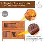 Two-tier wooden guinea pig hutch with hinged top access and wire mesh ventilation panels.