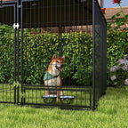 Outdoor dog playpen kennel with two bowls inside and black wire fence panels