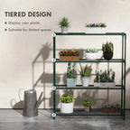 Green four-tier plant shelf with tiered wire-grid shelves and corner posts.